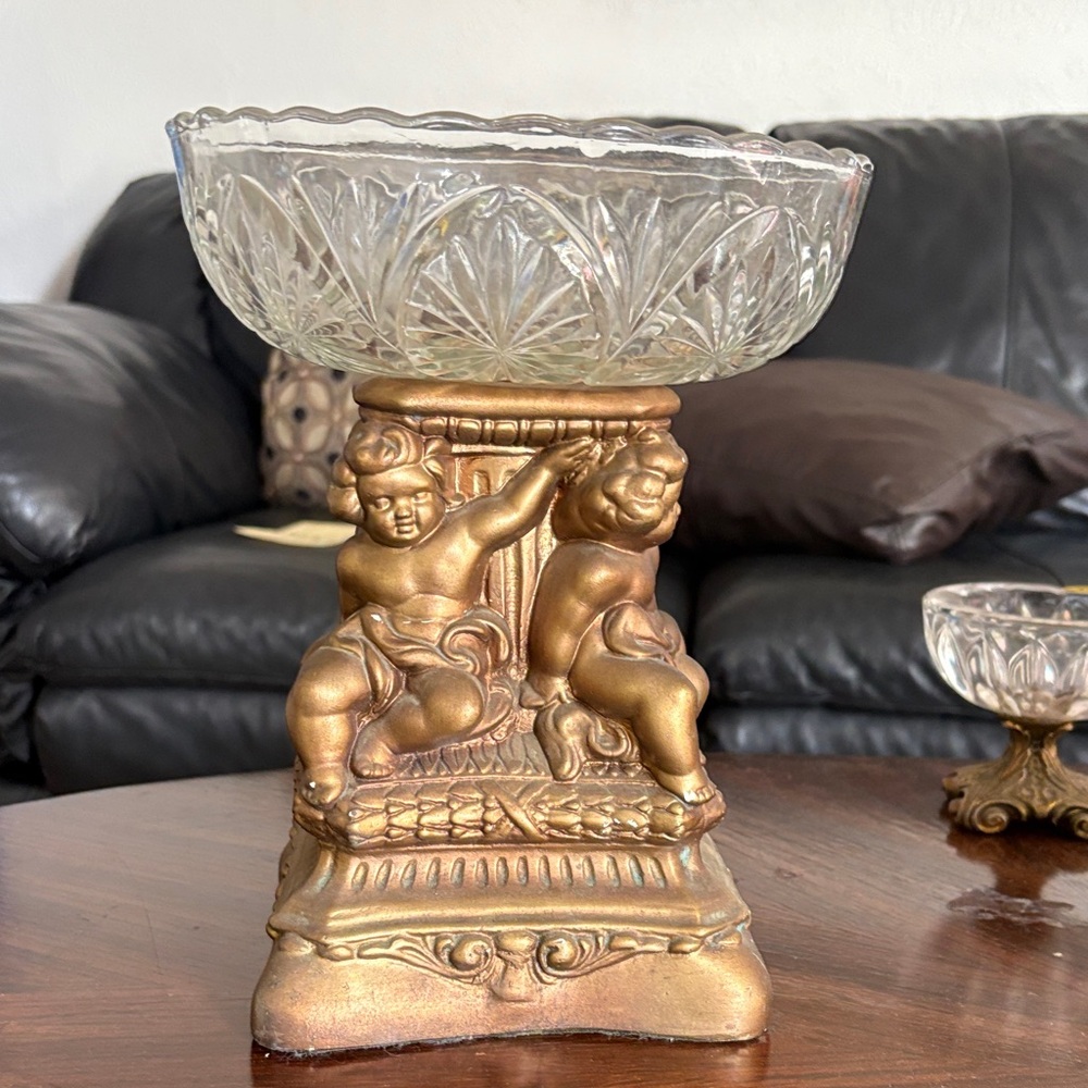 Vintage Cherub Glass Bowl with Gold Base